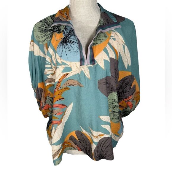 Entro Boutique Teal Blue Tropical Print Collared Lightweight Woven Summer Top - Picture 6 of 11